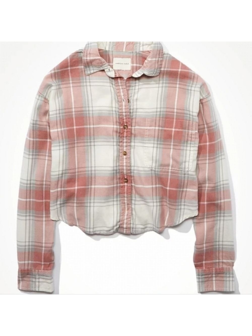 American Eagle Plaid Cropped Button Up Shirt Muted Red Gray Size Medium - Picture 2 of 14